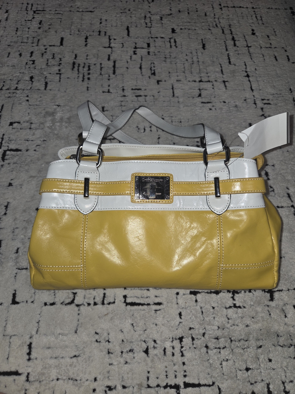 Yellow and White Leather Accent Satchel Handbag